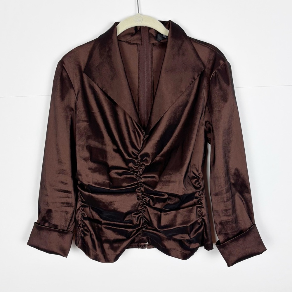 Ruched Satin Brown Blouse with Notched Collar